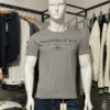 Photo prise de devant du teeshirt gris mettant en avant le logo Fred mello avec plusieurs nuances de couleurs.