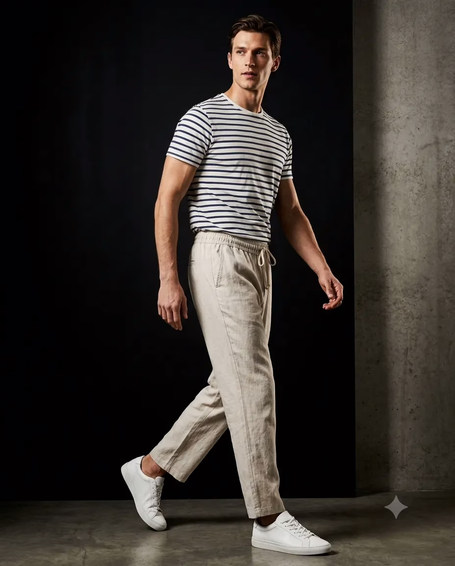 Un mannequin homme marche de profil, portant une marinière à manches courtes Frilivin et un pantalon en lin beige Five Ever avec cordon de serrage, sur un fond noir et béton.