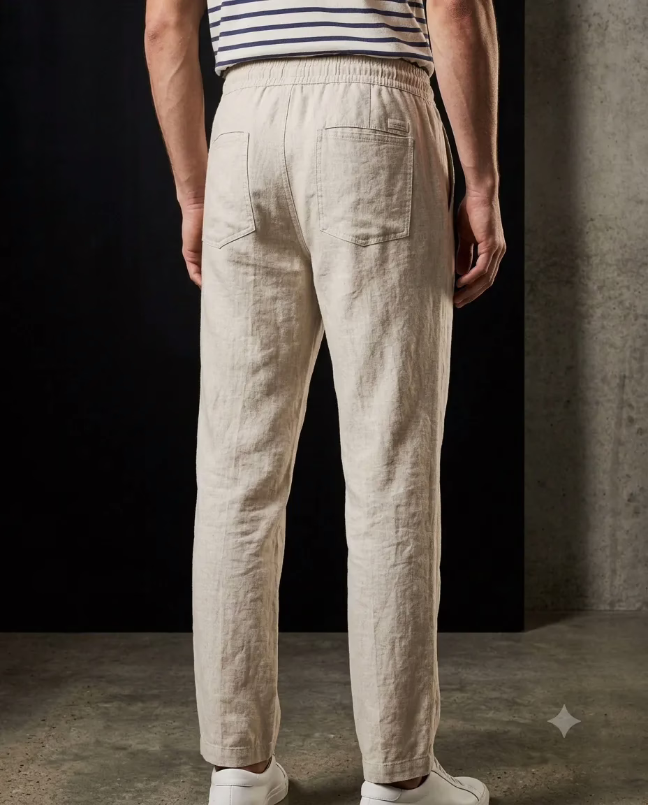 Plan rapproché arrière d'un pantalon en lin beige clair Five Ever porté par un homme. On distingue la taille élastique et deux poches plaquées, avec la base d'une marinière.