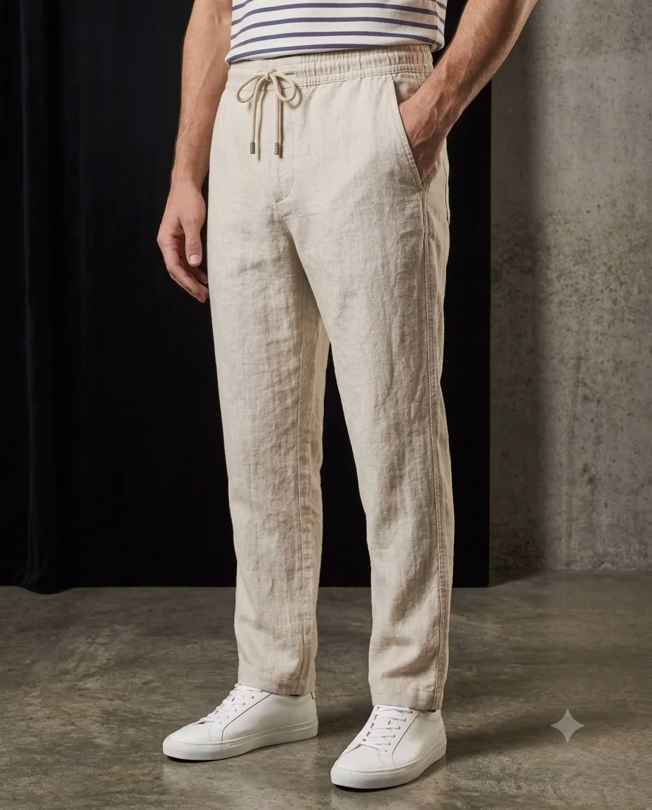 Plan rapproché avant d'un pantalon en lin beige Five Ever pour homme. Il montre le cordon de serrage à la taille élastique, une poche latérale avec la main du mannequin à l'intérieur, et des rayures de marinière en haut.