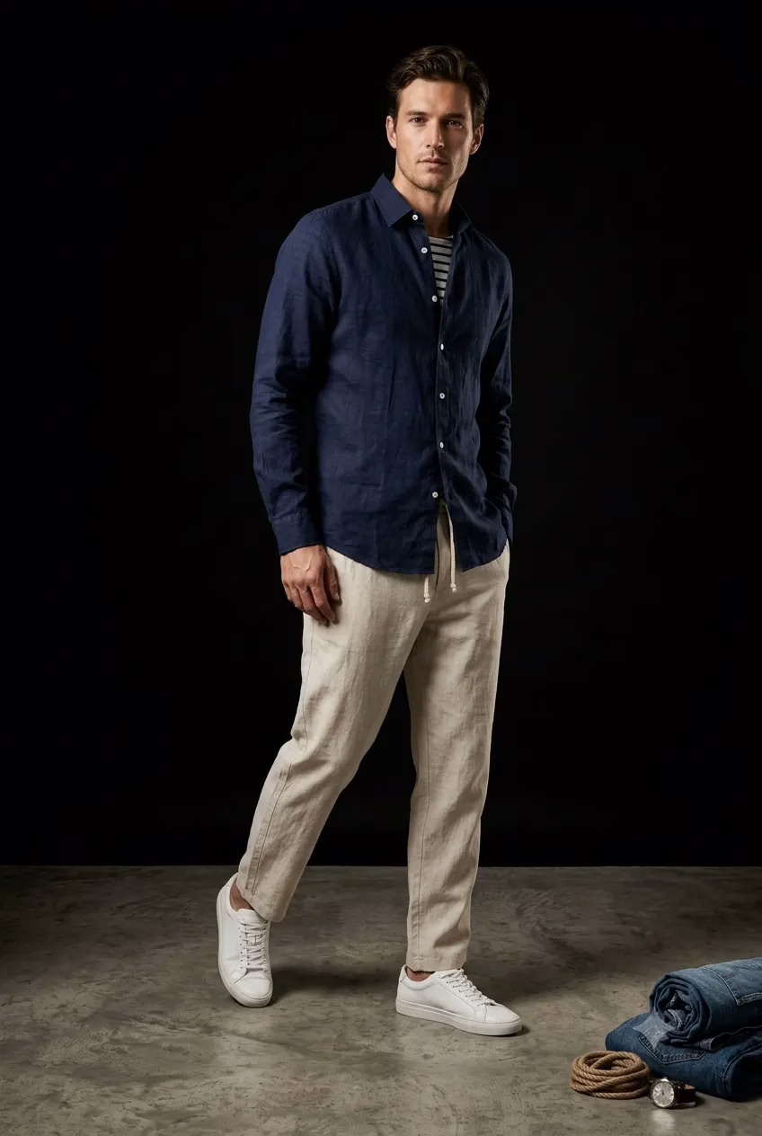 Un mannequin homme pose de trois-quarts devant un fond noir, portant une chemise en lin bleu marine Yves Enzo ouverte sur une marinière Frilivin, associée à un pantalon en lin beige Five Ever et des baskets blanches.