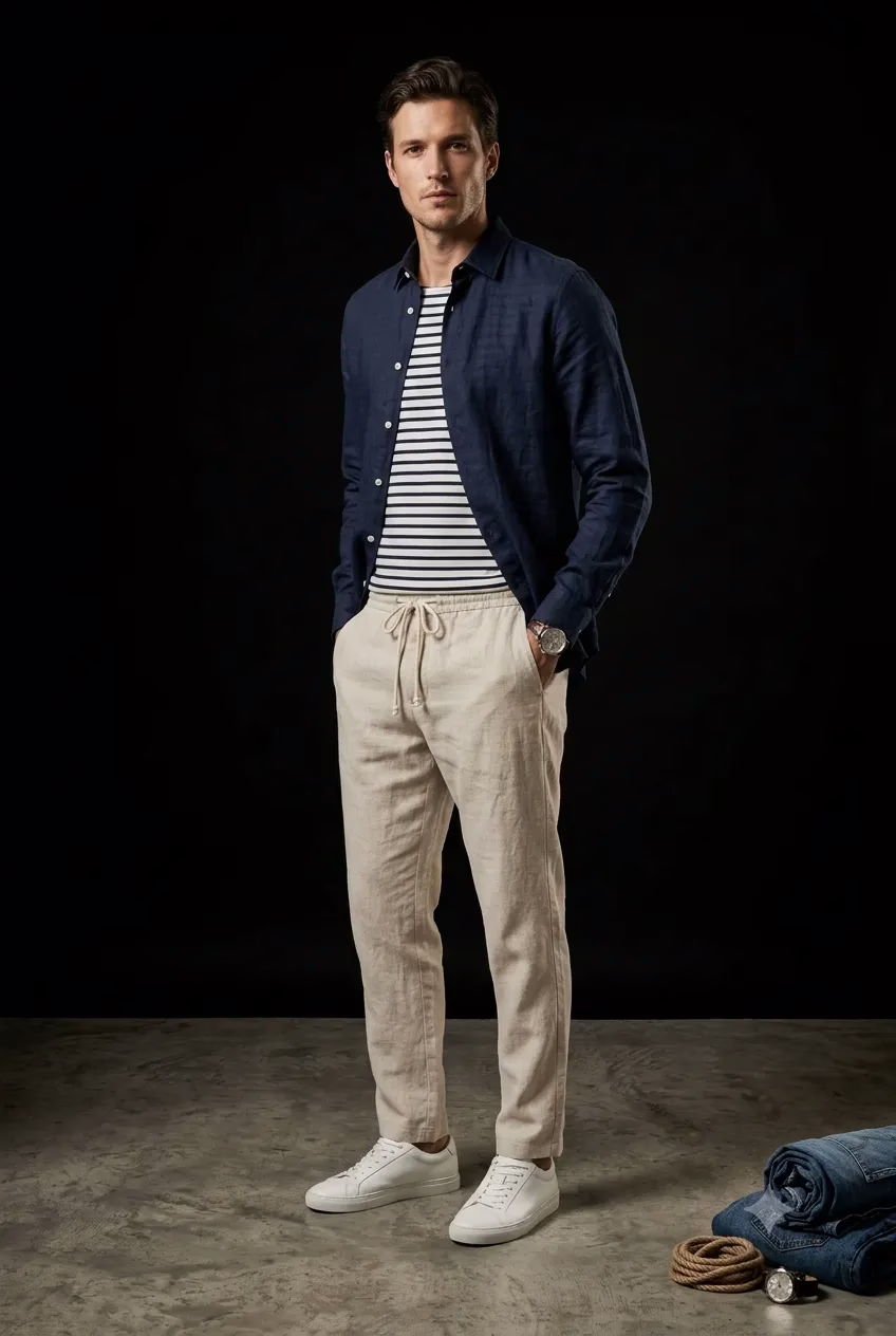 Portrait frontal d'un mannequin homme portant une chemise en lin bleu marine Yves Enzo, une marinière Frilivin, un pantalon en lin beige Five Ever avec cordon de serrage et des baskets blanches, debout sur un sol en béton.