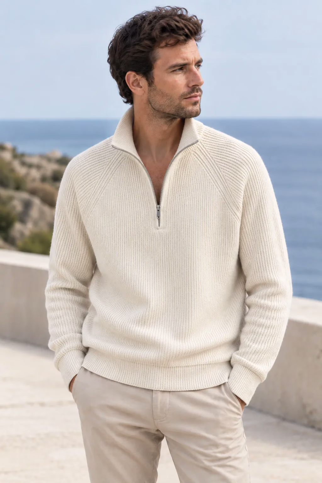 Homme portant un pull col camionneur écru en maille de la marque Five Ever, vue de face, style décontracté chic.