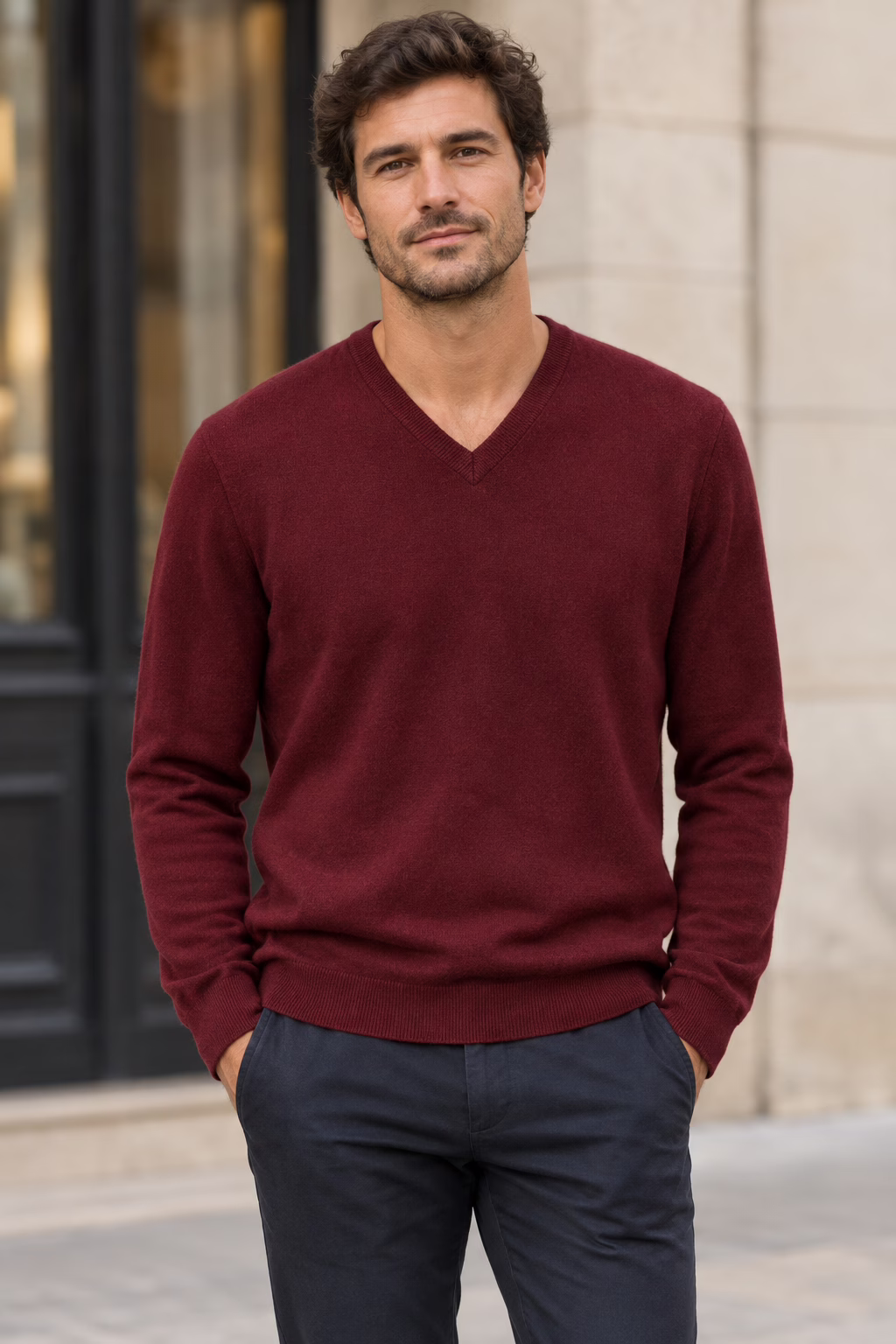 Homme portant un pull col V en cachemire bordeaux "five ever" et un pantalon bleu marine, posant en extérieur.
