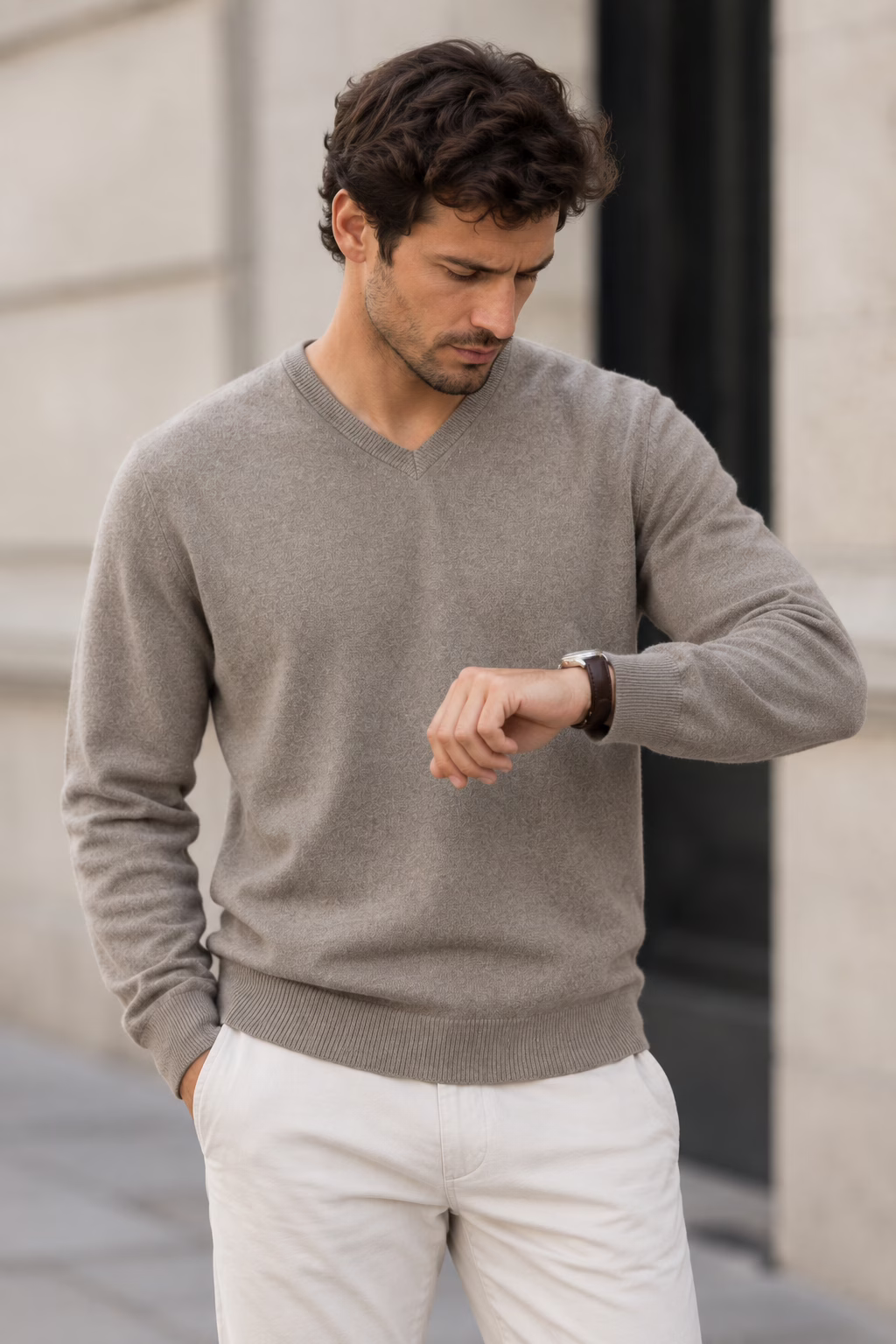 Homme portant un pull col V en cachemire taupe "five ever", regardant sa montre, posant en extérieur.