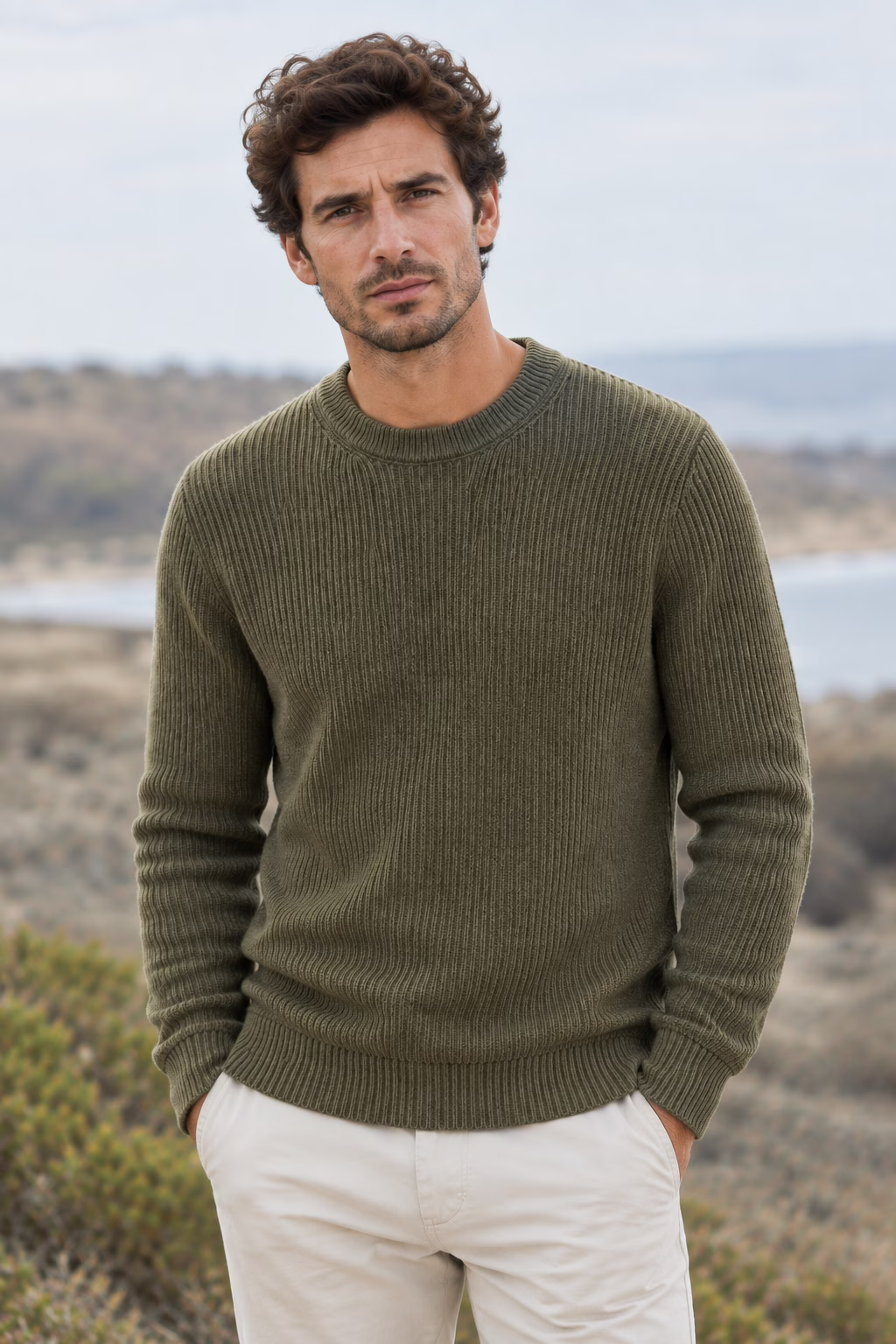 Mannequin homme posant de face avec les mains dans les poches, portant le pull Five Ever en maille côtelée vert olive et un pantalon beige, dans un décor naturel.