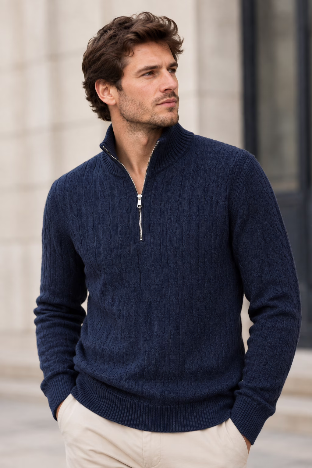 Pull homme zippé bleu marine en maille torsadée Five Ever, porté avec un pantalon beige. Mannequin posant de face à l'extérieur.